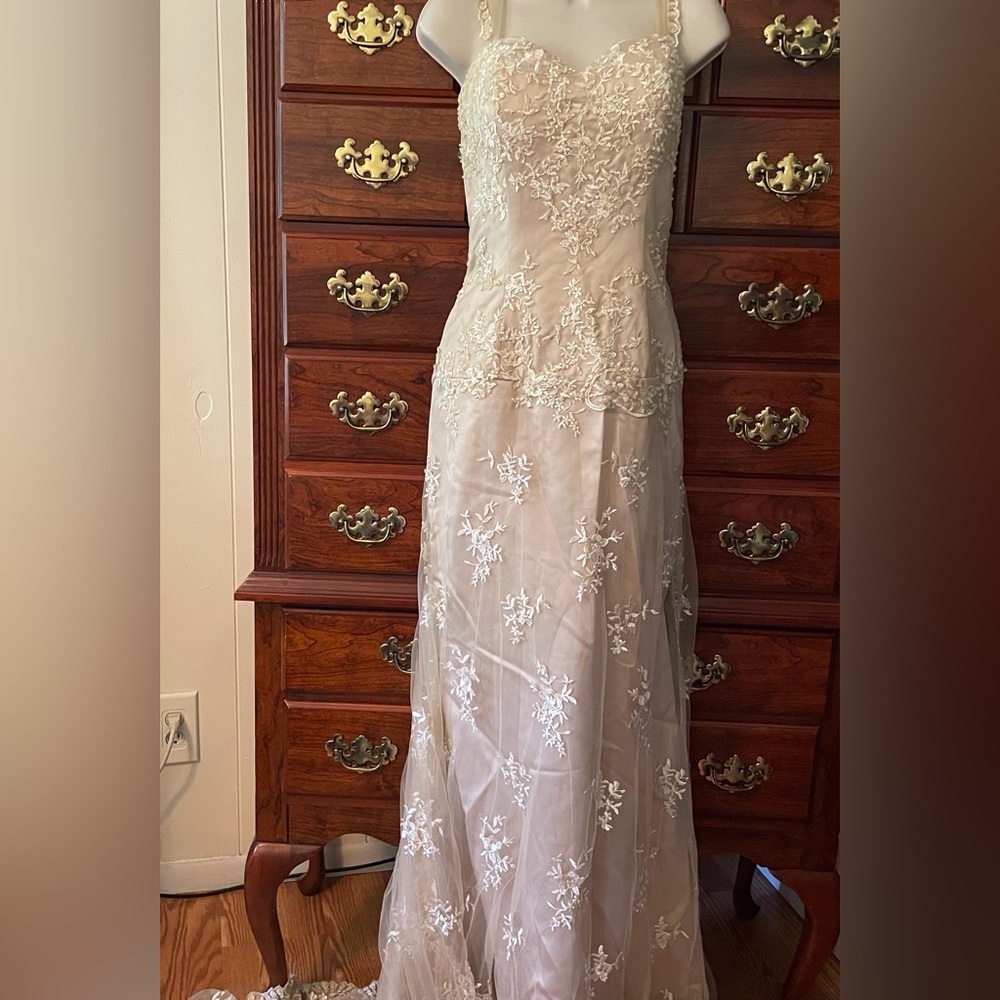 Elegant Champagne Lace Wedding Gown and Faux Fur Bolero Jacket
